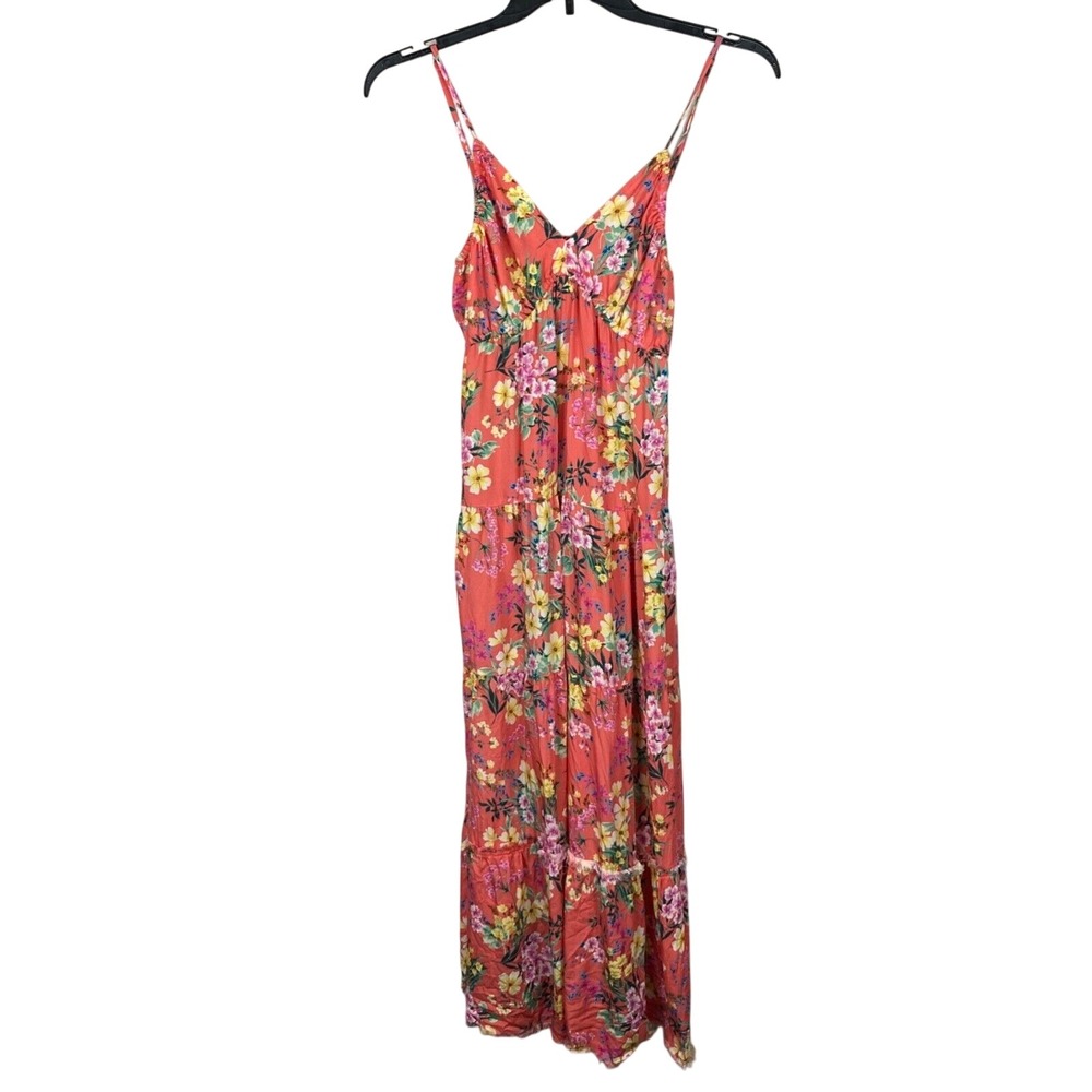 Kut From The Kloth Dress Womens S Orange Floral Tiered Maxi Spaghetti Strap Long